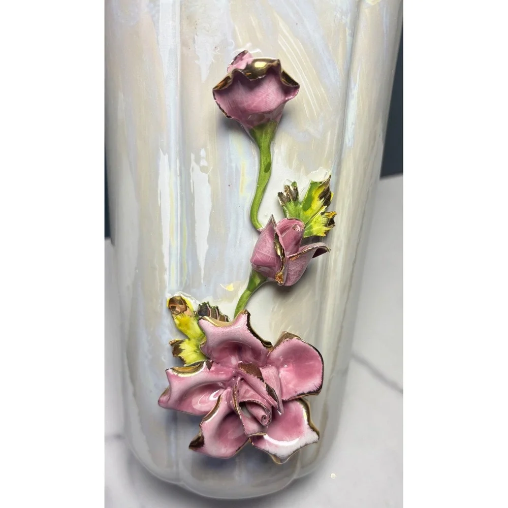 Vintage Capodimonte Italy Iridescent Pearl Vase Pink 3D Roses Gold Trim 10 inch
